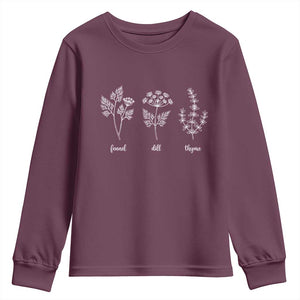 Fennel Dill Thyme Subtle FDT Youth Sweatshirt Botanical Herb Line Art Political Satire TS02 Maroon Print Your Wear