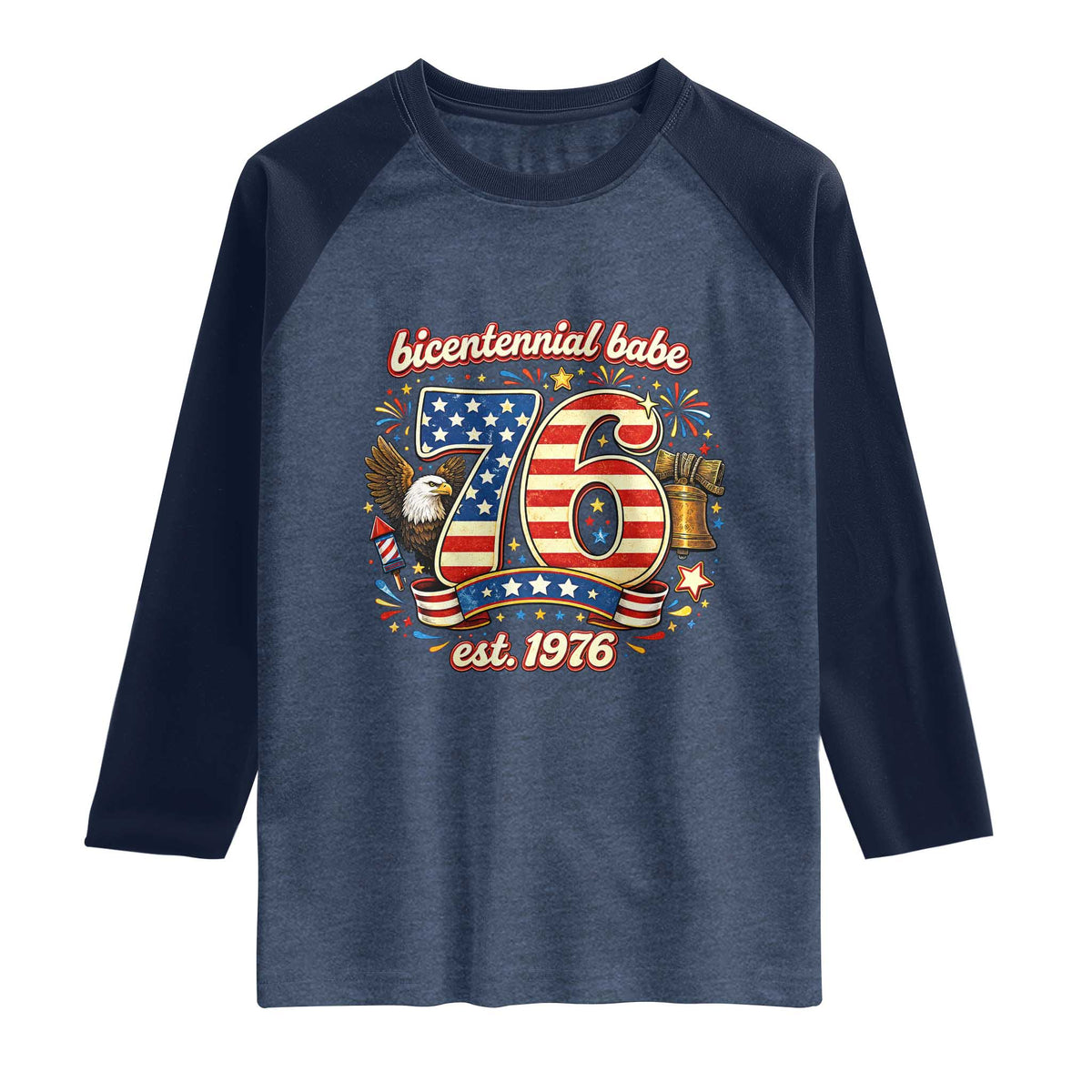 Patriotic Bicentennial Babe Est 1976 Raglan Shirt Eagle Fireworks 50th Birthday TS02 Heather Denim Navy Print Your Wear
