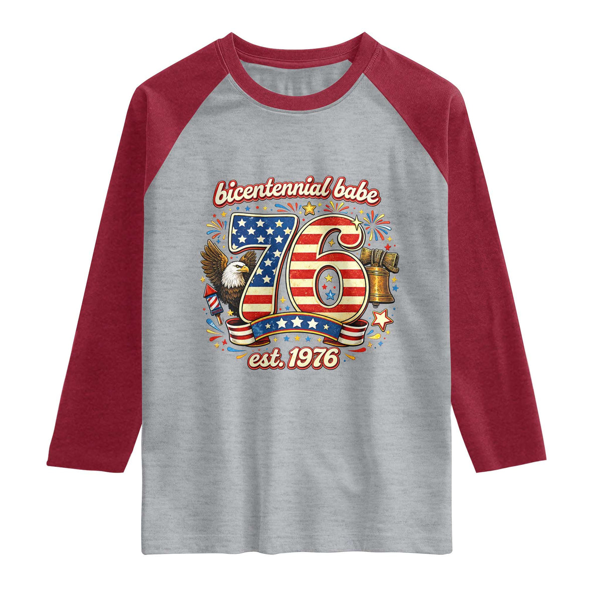 Patriotic Bicentennial Babe Est 1976 Raglan Shirt Eagle Fireworks 50th Birthday TS02 Heather Gray Heather Red Print Your Wear