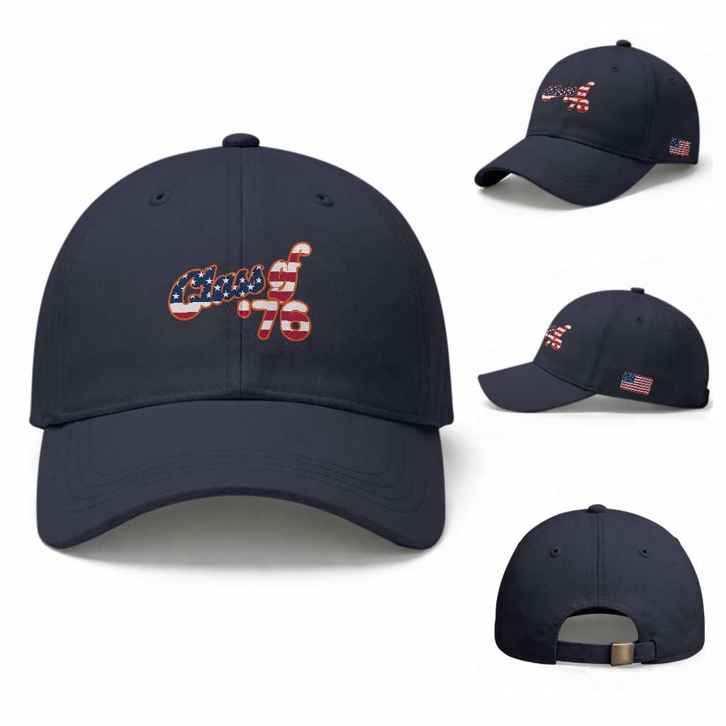 Patriotic Class of 76 Retro American Flag Script Baseball Cap Graduation Birthday Milestone TS02 Baseball Cap Universal Fit Navy Print Your Wear