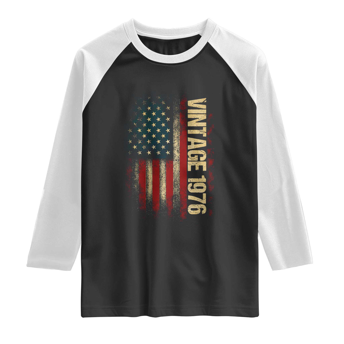 Vintage 1976 Distressed American Flag Raglan Shirt Patriotic 50th Birthday Graphic TS02 Black White Print Your Wear