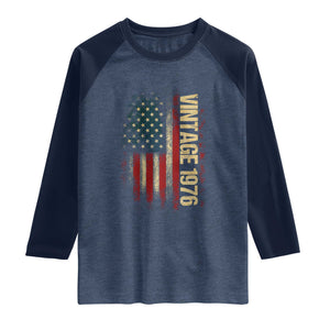 Vintage 1976 Distressed American Flag Raglan Shirt Patriotic 50th Birthday Graphic TS02 Heather Denim Navy Print Your Wear