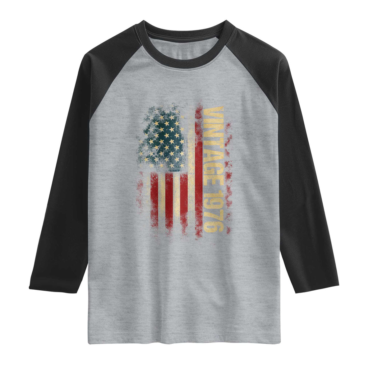 Vintage 1976 Distressed American Flag Raglan Shirt Patriotic 50th Birthday Graphic TS02 Heather Gray Black Print Your Wear