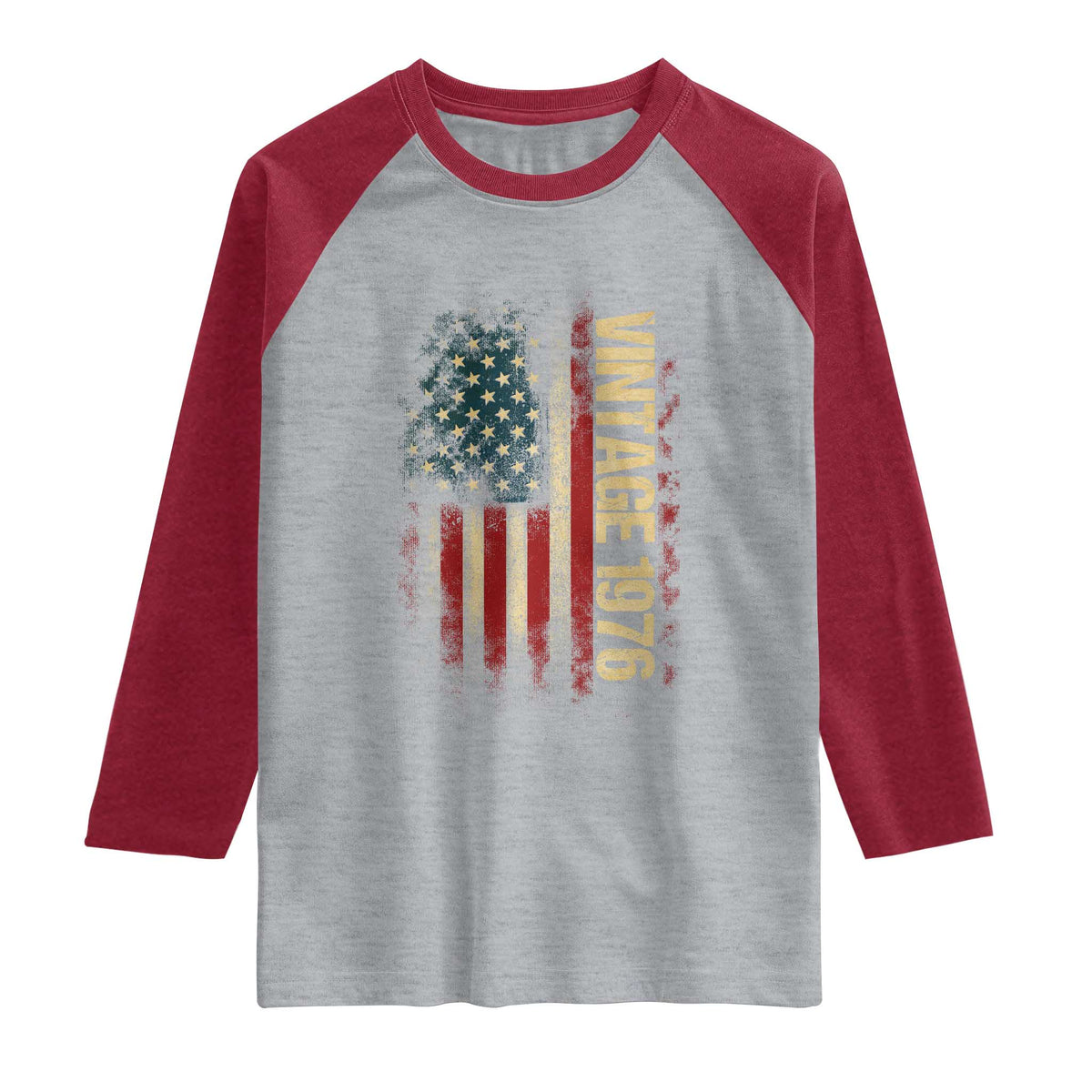 Vintage 1976 Distressed American Flag Raglan Shirt Patriotic 50th Birthday Graphic TS02 Heather Gray Heather Red Print Your Wear