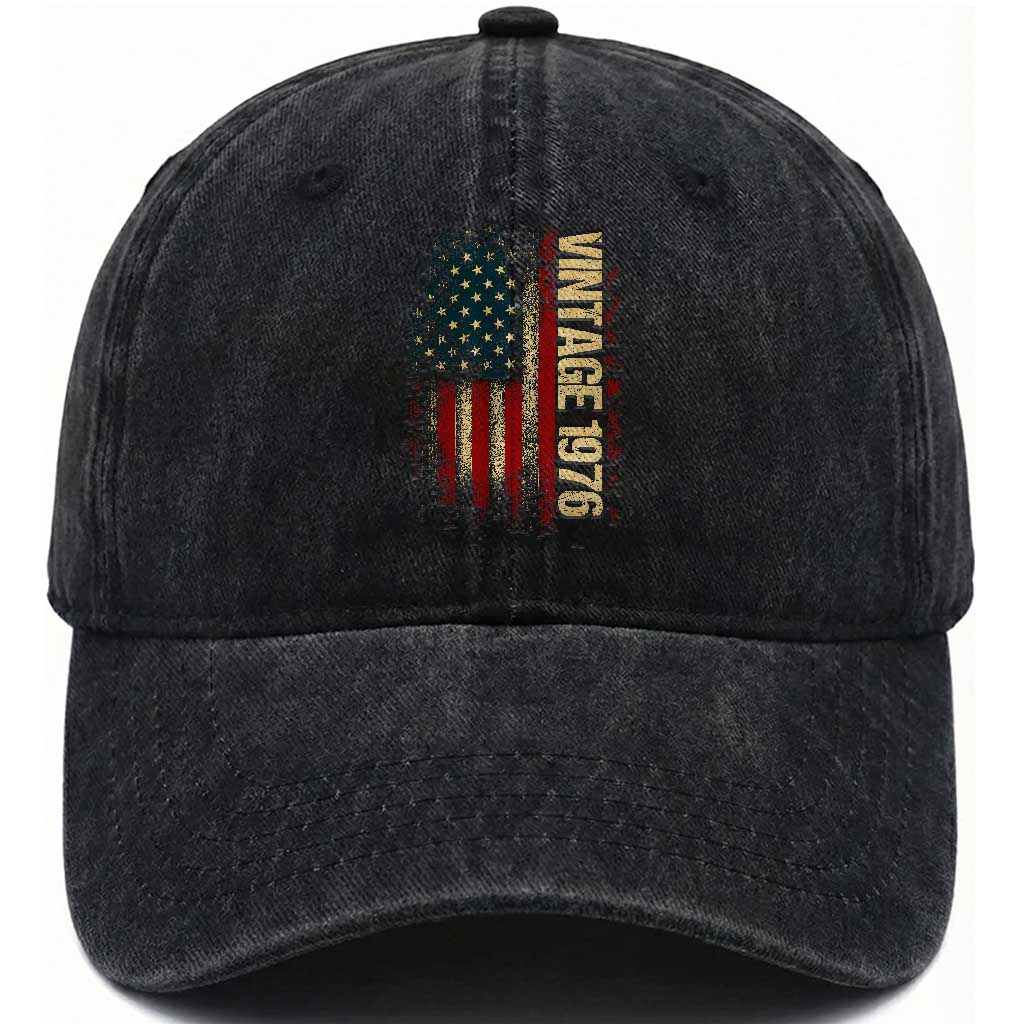 Vintage 1976 Distressed American Flag Washed Cotton Baseball Cap Patriotic 50th Birthday Graphic TS02 Print Your Wear