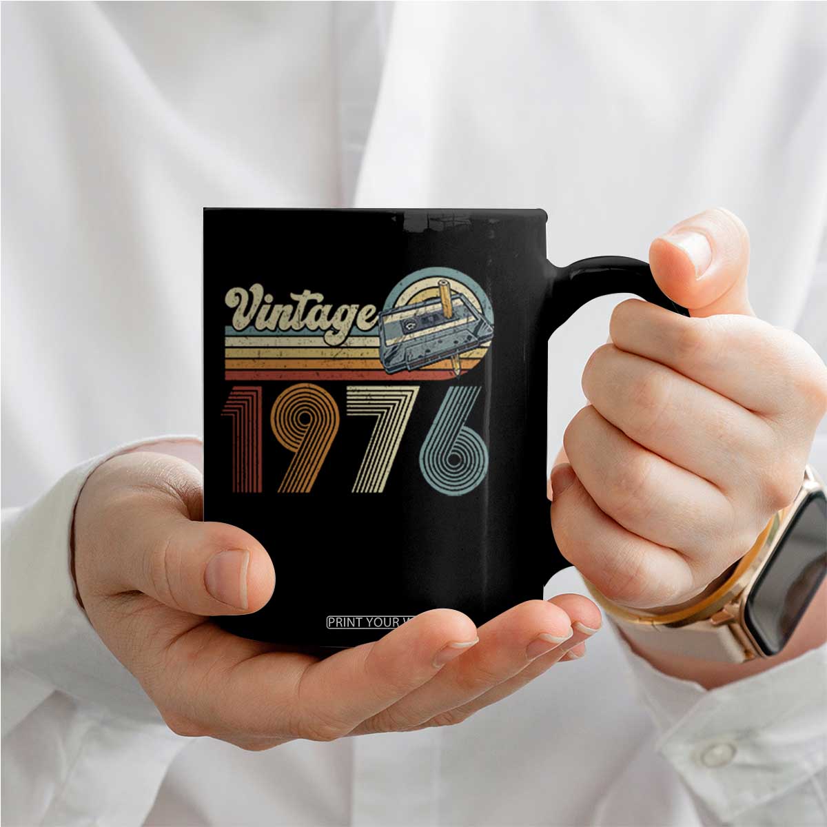 Vintage Sunset 1976 Retro Cassette Coffee Mug Mechanical Dial Tech Nostalgia 50th Birthday TS02 Print Your Wear