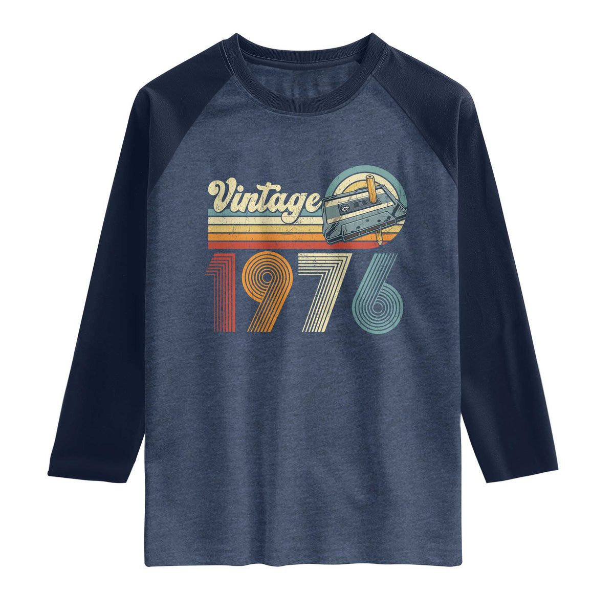 Vintage Sunset 1976 Retro Cassette Raglan Shirt Mechanical Dial Tech Nostalgia 50th Birthday TS02 Heather Denim Navy Print Your Wear