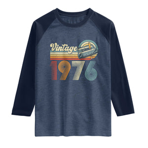 Vintage Sunset 1976 Retro Cassette Raglan Shirt Mechanical Dial Tech Nostalgia 50th Birthday TS02 Heather Denim Navy Print Your Wear
