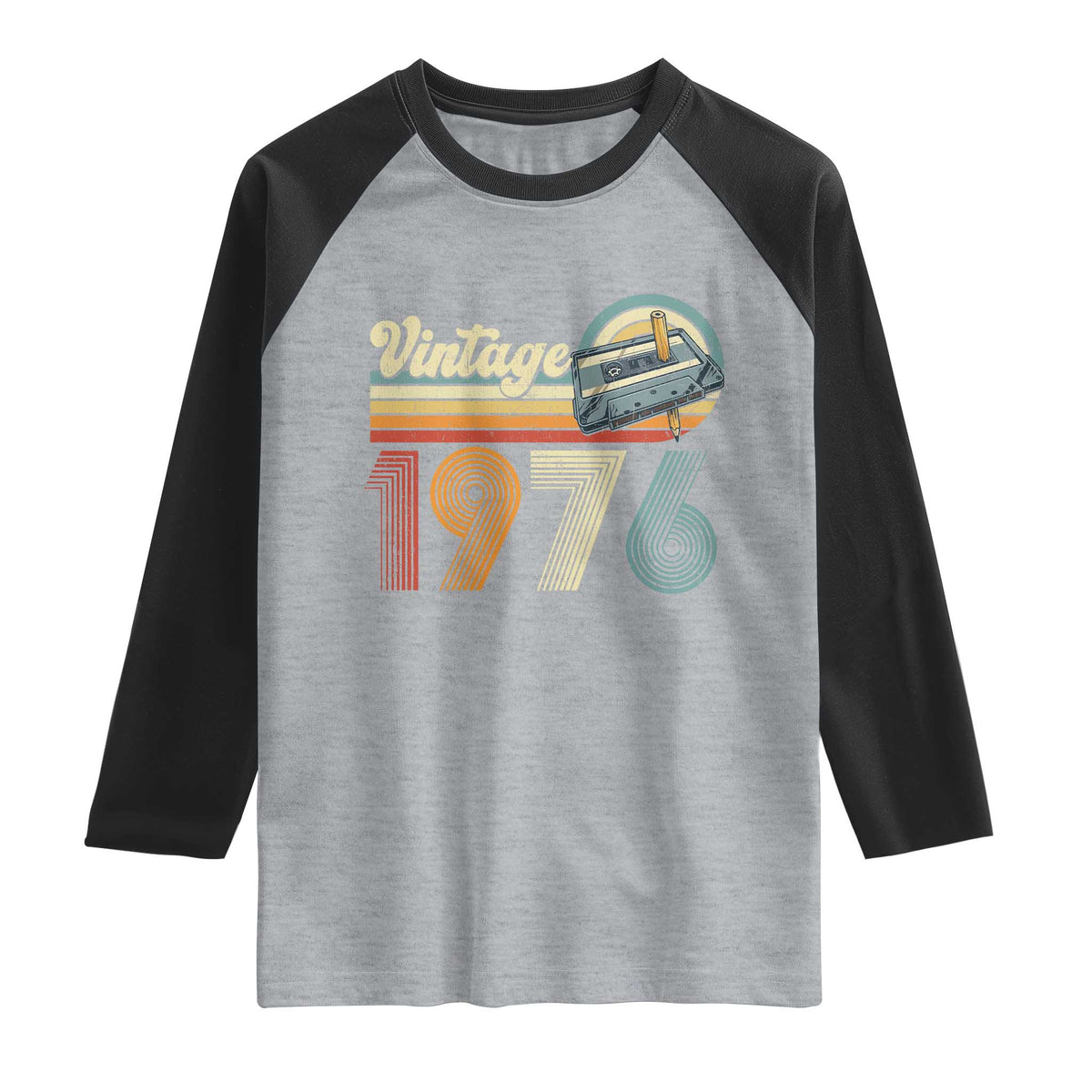 Vintage Sunset 1976 Retro Cassette Raglan Shirt Mechanical Dial Tech Nostalgia 50th Birthday TS02 Heather Gray Black Print Your Wear