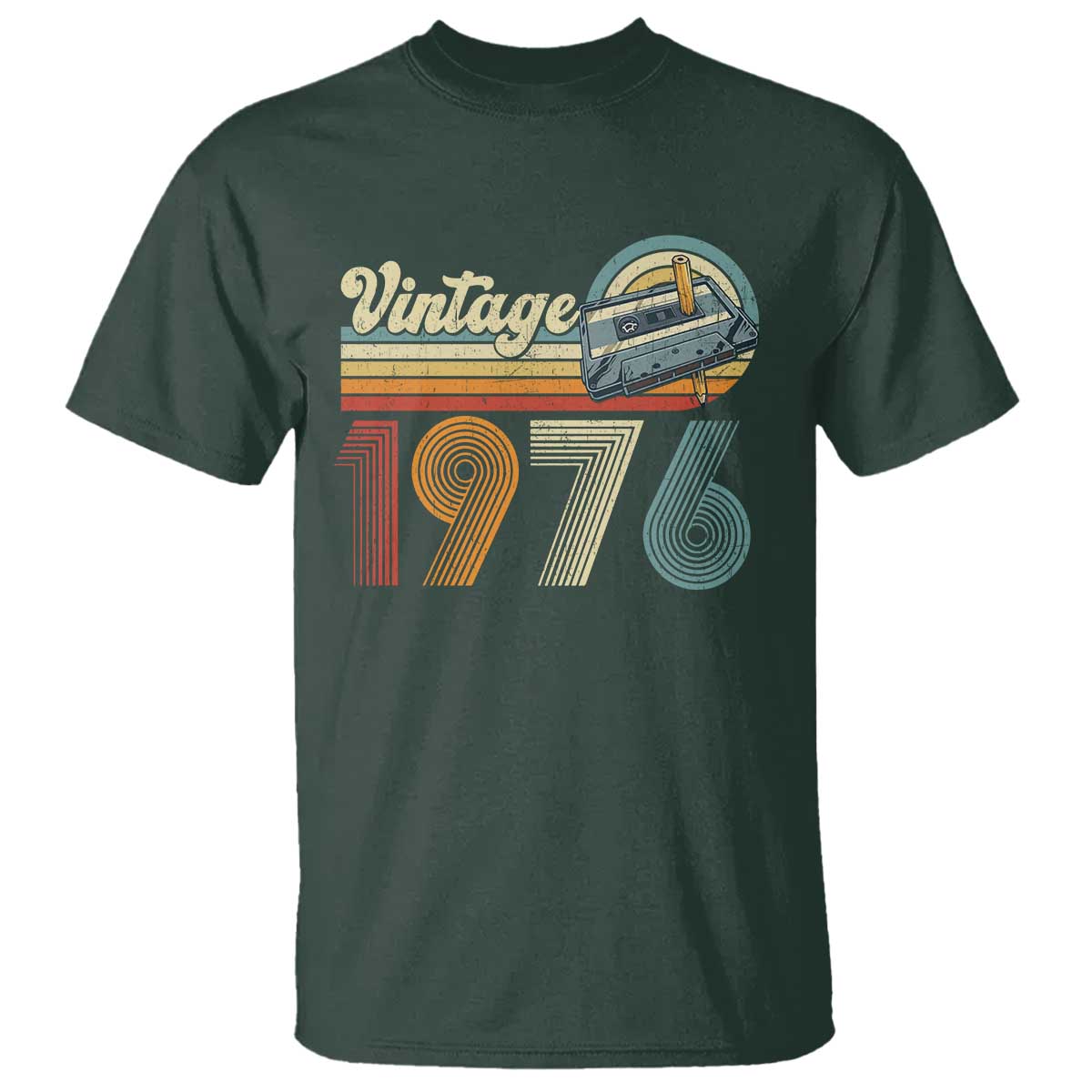 Vintage Sunset 1976 Retro Cassette T Shirt Mechanical Dial Tech Nostalgia 50th Birthday TS02 Dark Forest Green Print Your Wear