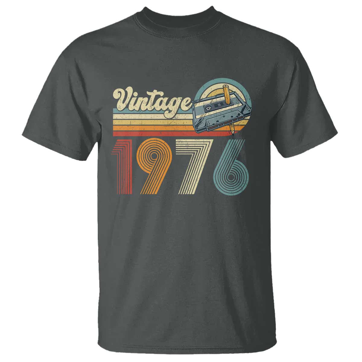 Vintage Sunset 1976 Retro Cassette T Shirt Mechanical Dial Tech Nostalgia 50th Birthday TS02 Dark Heather Print Your Wear