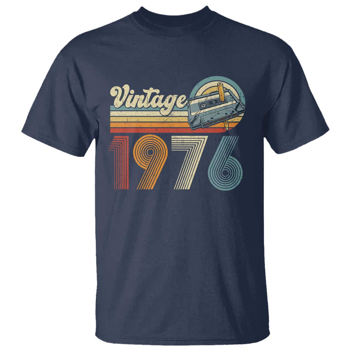Vintage Sunset 1976 Retro Cassette T Shirt Mechanical Dial Tech Nostalgia 50th Birthday TS02 Navy Print Your Wear
