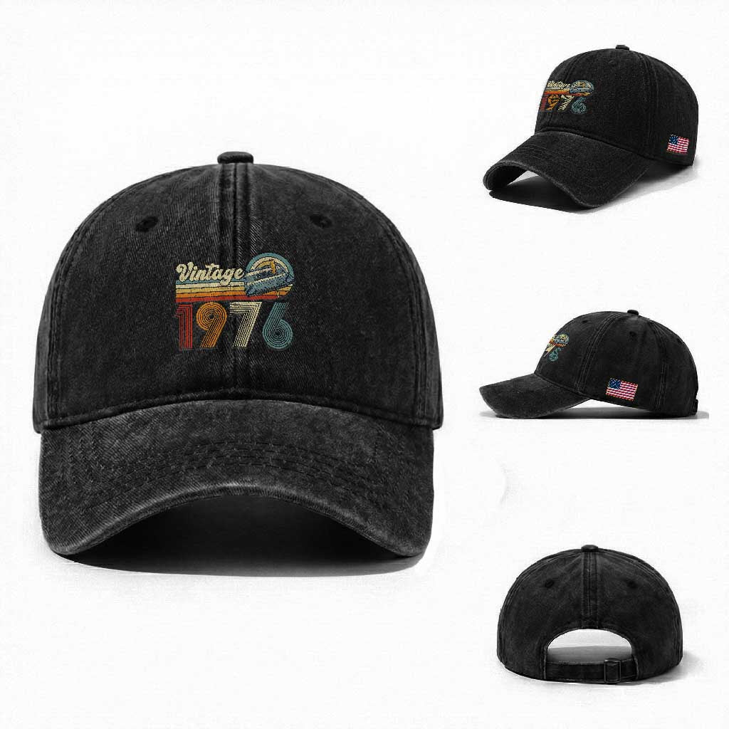 Vintage Sunset 1976 Retro Cassette Washed Cotton Baseball Cap Mechanical Dial Tech Nostalgia 50th Birthday TS02 Washed Cap Universal Fit Black Print Your Wear