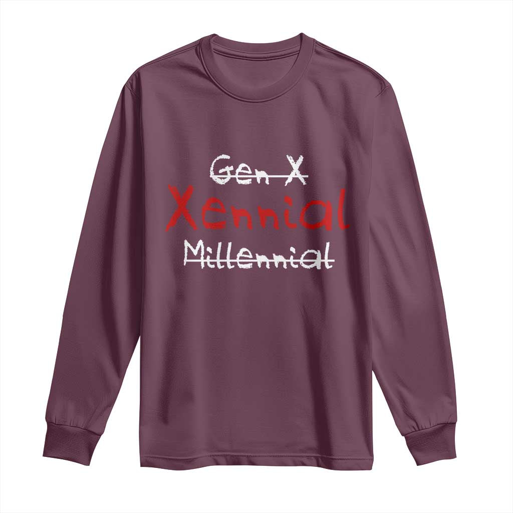 Gen X Xennial Millennial Long Sleeve Shirt Micro Generation Retro Typography Graphic TS02 Maroon Print Your Wear