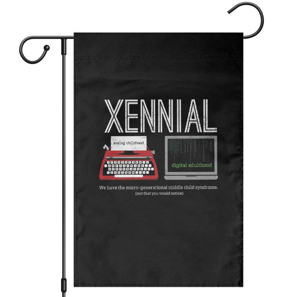 Xennial Typewriter and Computer Screen Garden Flag Analog Childhood Digital Adulthood TS02 Black Print Your Wear