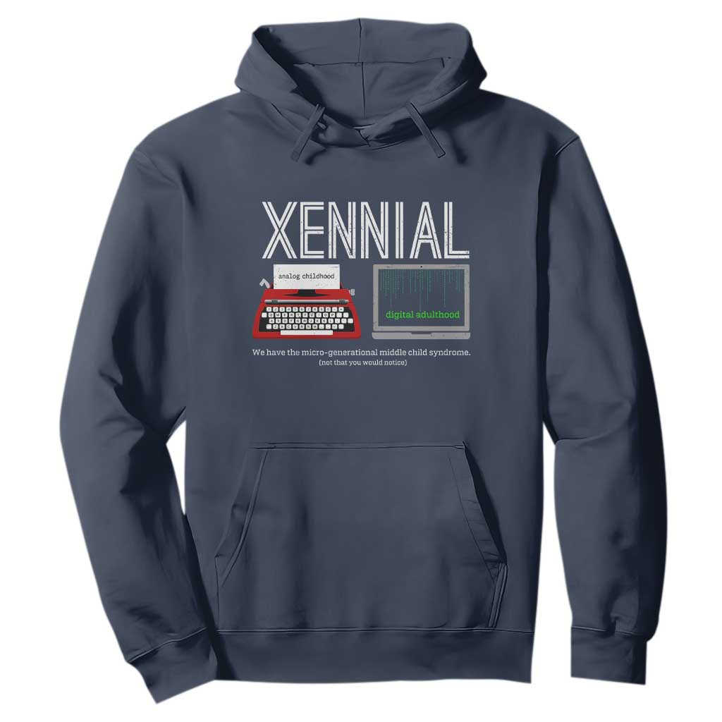 Xennial Typewriter and Computer Screen Hoodie Analog Childhood Digital Adulthood TS02 Navy Print Your Wear