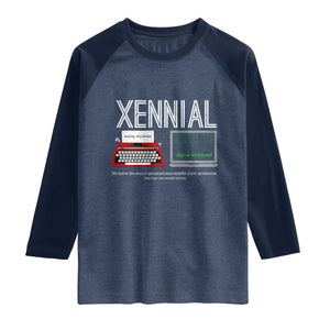 Xennial Typewriter and Computer Screen Raglan Shirt Analog Childhood Digital Adulthood TS02 Heather Denim Navy Print Your Wear