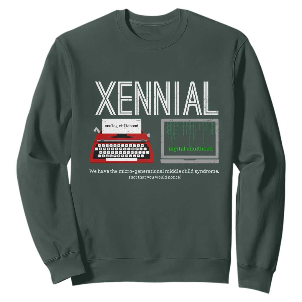 Xennial Typewriter and Computer Screen Sweatshirt Analog Childhood Digital Adulthood TS02 Dark Forest Green Print Your Wear