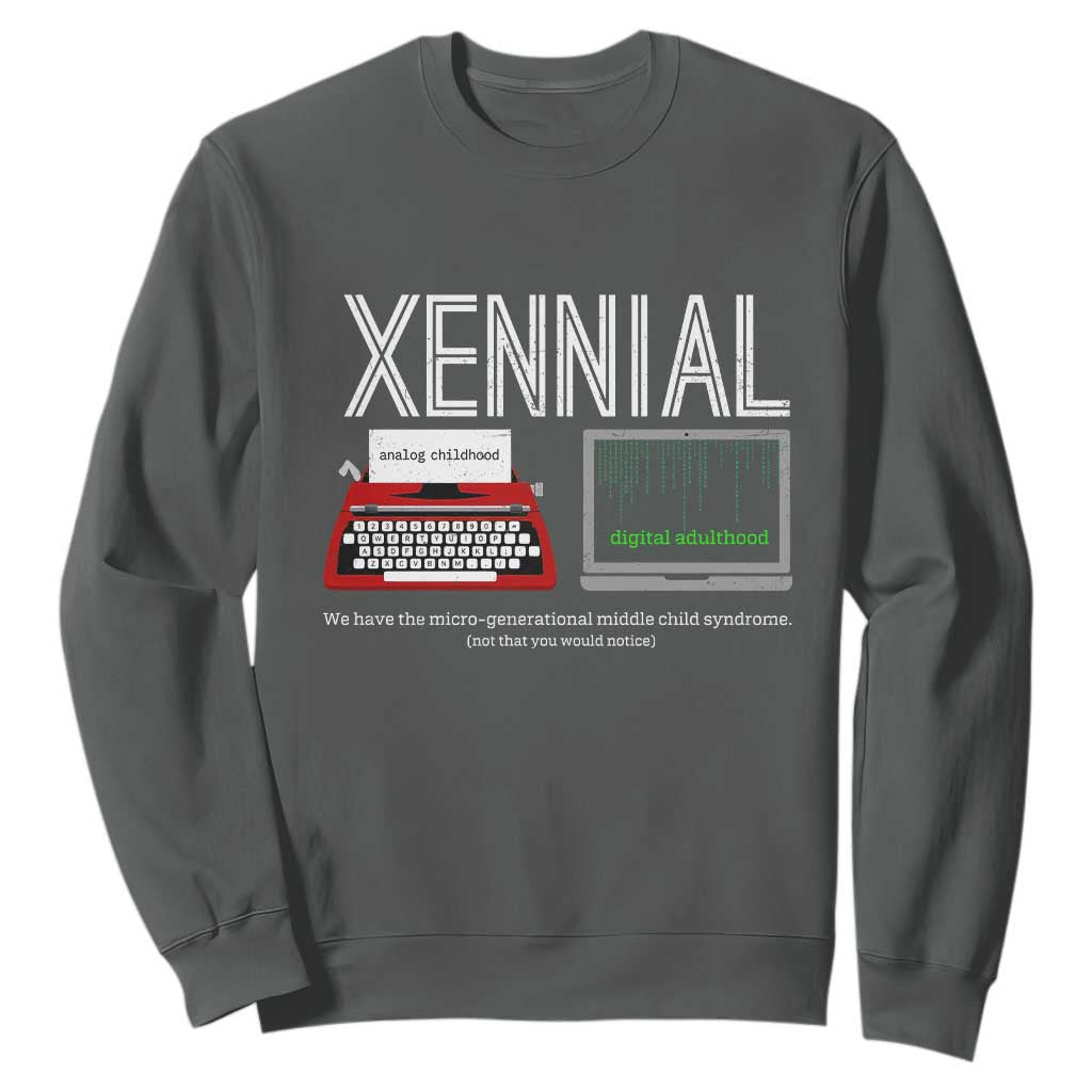 Xennial Typewriter and Computer Screen Sweatshirt Analog Childhood Digital Adulthood TS02 Dark Heather Print Your Wear