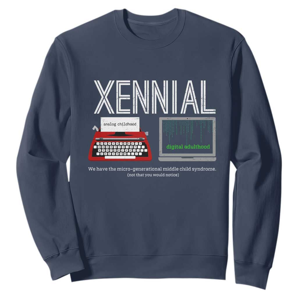 Xennial Typewriter and Computer Screen Sweatshirt Analog Childhood Digital Adulthood TS02 Navy Print Your Wear