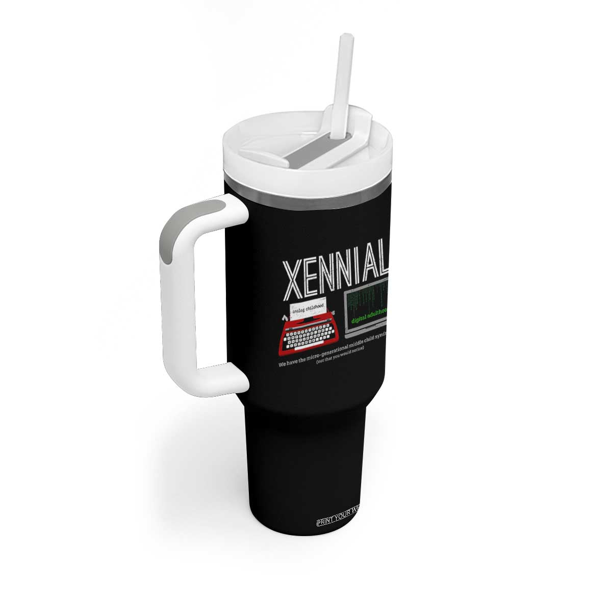 Xennial Typewriter and Computer Screen Tumbler With Handle Analog Childhood Digital Adulthood TS02 Print Your Wear