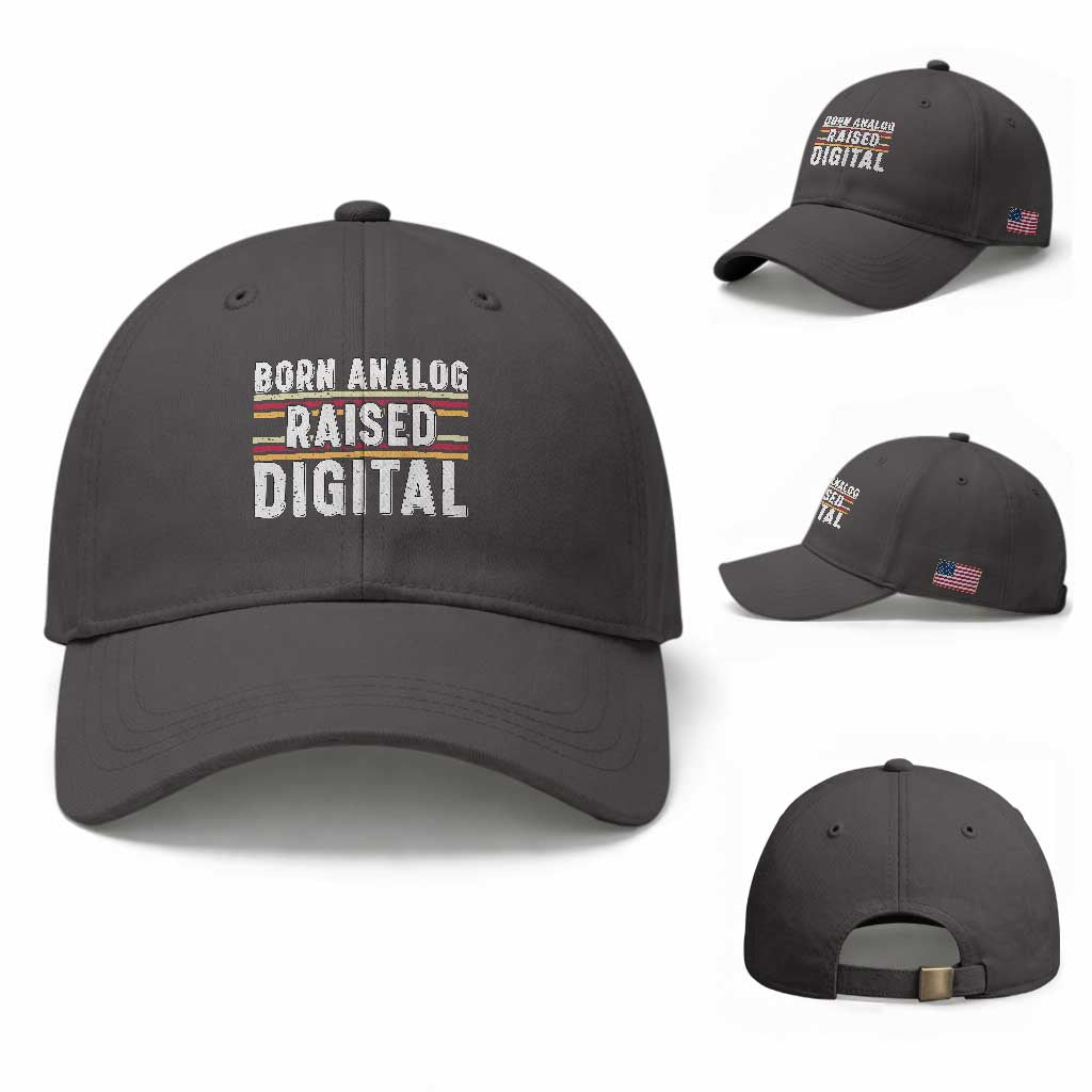 Born Analog Raised Digital Baseball Cap Vintage Sunset Retro Tech Graphic TS02 Baseball Cap Universal Fit Dark Gray Print Your Wear