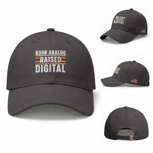 Born Analog Raised Digital Baseball Cap Vintage Sunset Retro Tech Graphic TS02 Baseball Cap Universal Fit Dark Gray Print Your Wear