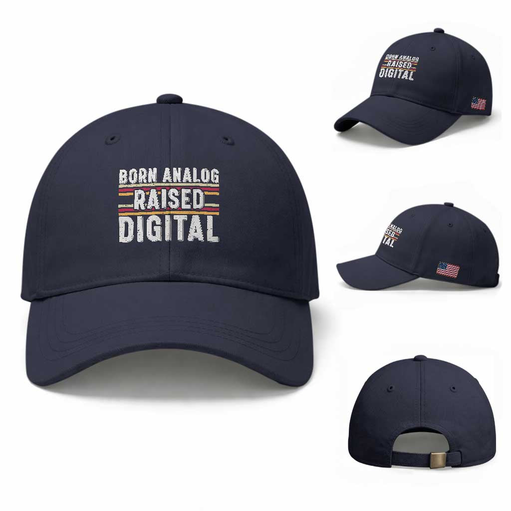 Born Analog Raised Digital Baseball Cap Vintage Sunset Retro Tech Graphic TS02 Baseball Cap Universal Fit Navy Print Your Wear