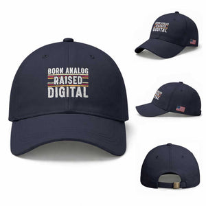 Born Analog Raised Digital Baseball Cap Vintage Sunset Retro Tech Graphic TS02 Baseball Cap Universal Fit Navy Print Your Wear