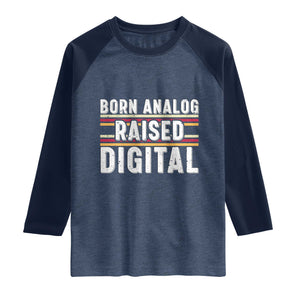Born Analog Raised Digital Raglan Shirt Vintage Sunset Retro Tech Graphic TS02 Heather Denim Navy Print Your Wear