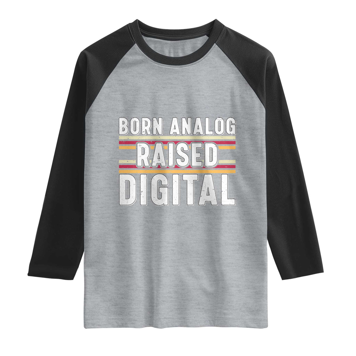 Born Analog Raised Digital Raglan Shirt Vintage Sunset Retro Tech Graphic TS02 Heather Gray Black Print Your Wear
