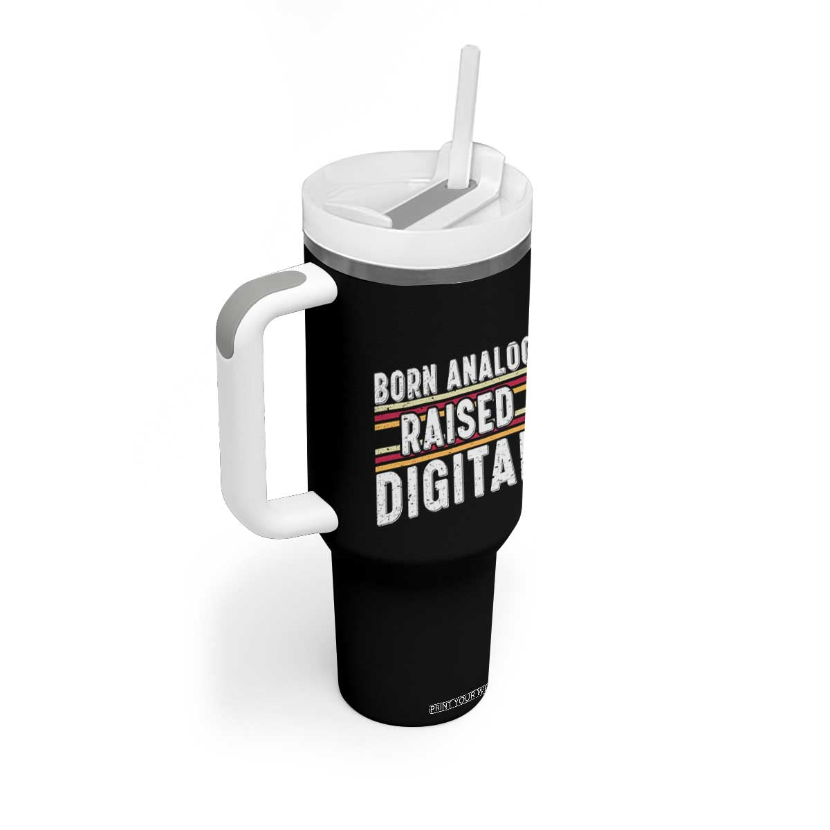 Born Analog Raised Digital Tumbler With Handle Vintage Sunset Retro Tech Graphic TS02 Print Your Wear