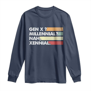 Gen X Millennial Nah Xennial Long Sleeve Shirt Retro Sunset Striped Typography Graphic TS02 Navy Print Your Wear