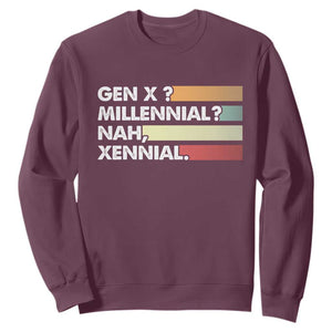 Gen X Millennial Nah Xennial Sweatshirt Retro Sunset Striped Typography Graphic TS02 Maroon Print Your Wear
