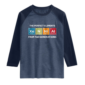 Xennial The Perfect Elements From Two Generations Raglan Shirt Periodic Table Science Graphic TS02 Heather Denim Navy Print Your Wear