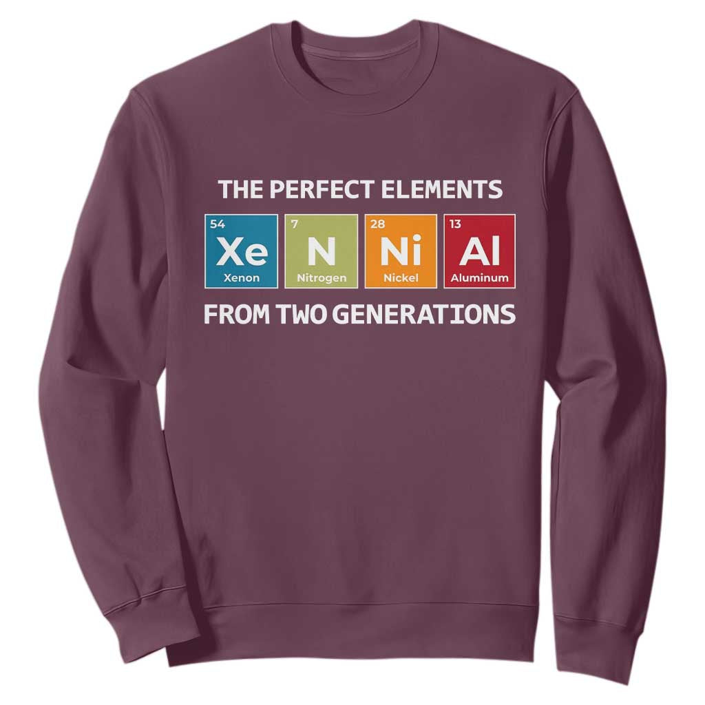 Xennial The Perfect Elements From Two Generations Sweatshirt Periodic Table Science Graphic TS02 Maroon Print Your Wear
