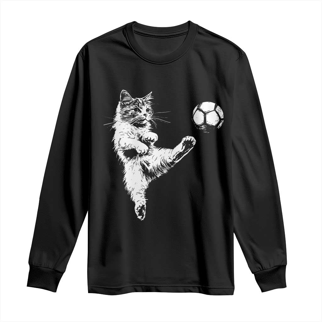 Vintage Sketch Soccer Cat Graphic Long Sleeve Shirt Kitten Kicking Football Sports Lover TS02 Black Print Your Wear