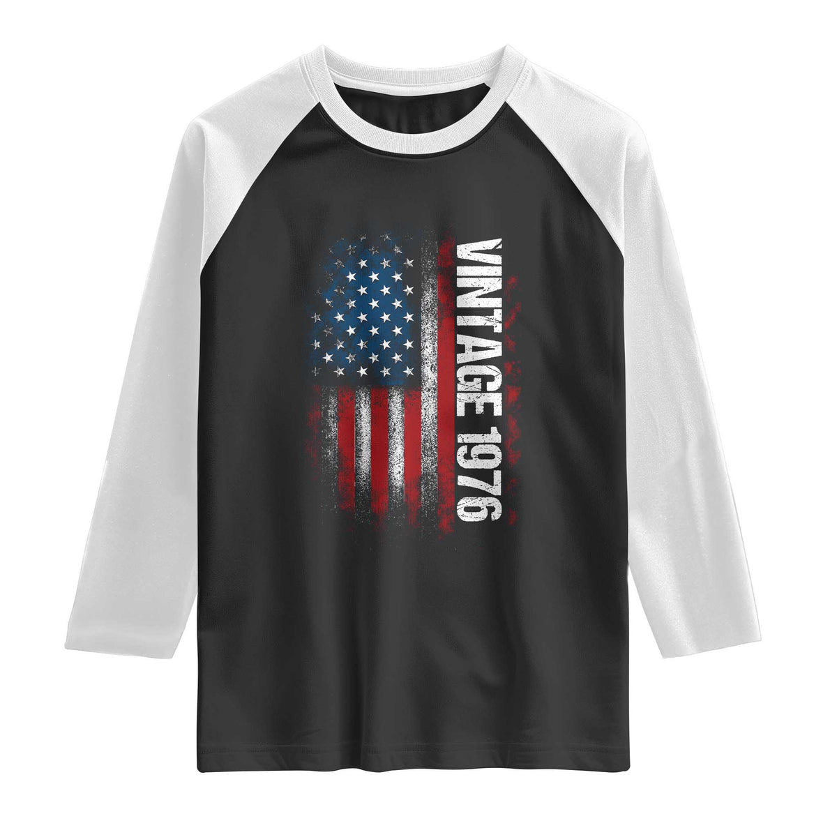 1976 Distressed American Flag Raglan Shirt Patriotic 50th Birthday Graphic TS02 Black White Print Your Wear