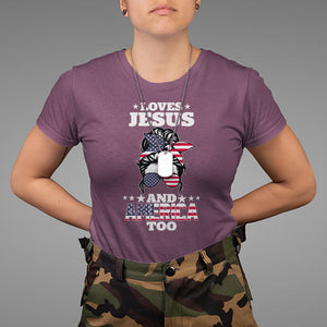 Loves Jesus and America Too Christian 4th of July Messy Bun T Shirt TS02 Printyourwear