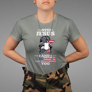 Loves Jesus and America Too Christian 4th of July Messy Bun T Shirt TS02 Printyourwear