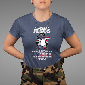 Loves Jesus and America Too Christian 4th of July Messy Bun T Shirt TS02 Printyourwear