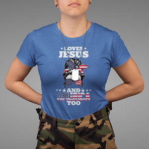 Loves Jesus and America Too Christian 4th of July Messy Bun T Shirt TS02 Printyourwear