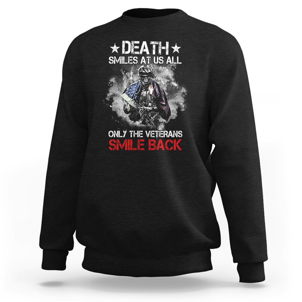 Death Smiles At Us All Only The Veterans Smile Back American Flag Cover Skeleton Sweatshirt TS02 Dark Heather Printyourwear