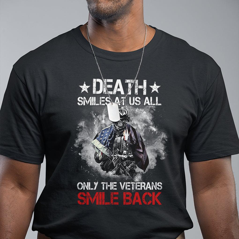 Death Smiles At Us All Only The Veterans Smile Back American Flag Cover Skeleton T Shirt TS02 Dark Heather Printyourwear