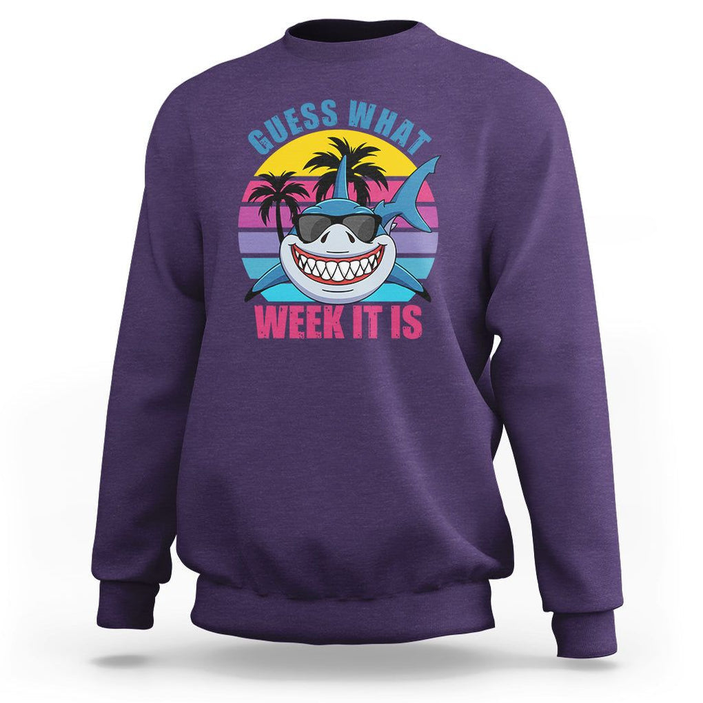 Funny Shark Lover Sweatshirt Guess What Week It Is Retro Summer Beach TS02 Purple Printyourwear