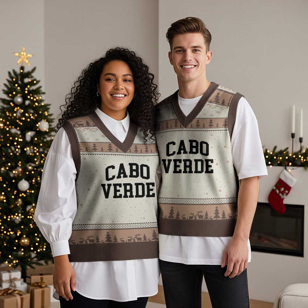 Cabo Verde Returns Home National Pride Varsity Style V-Neck Knit Sweater Vest Cape Verde Minimalist Text Graphic TS02 Mocha Mousse Print Your Wear