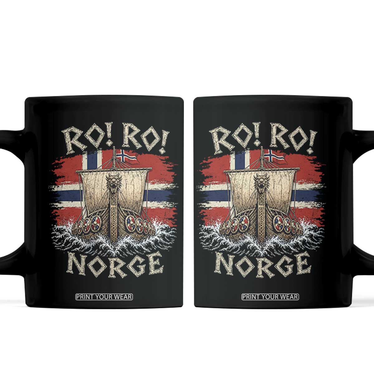 Retro Norge Viking Longship Ro Ro Coffee Mug Patriotic Norge Norwegian Flag Funny Rowing Support TS02 Black Print Your Wear