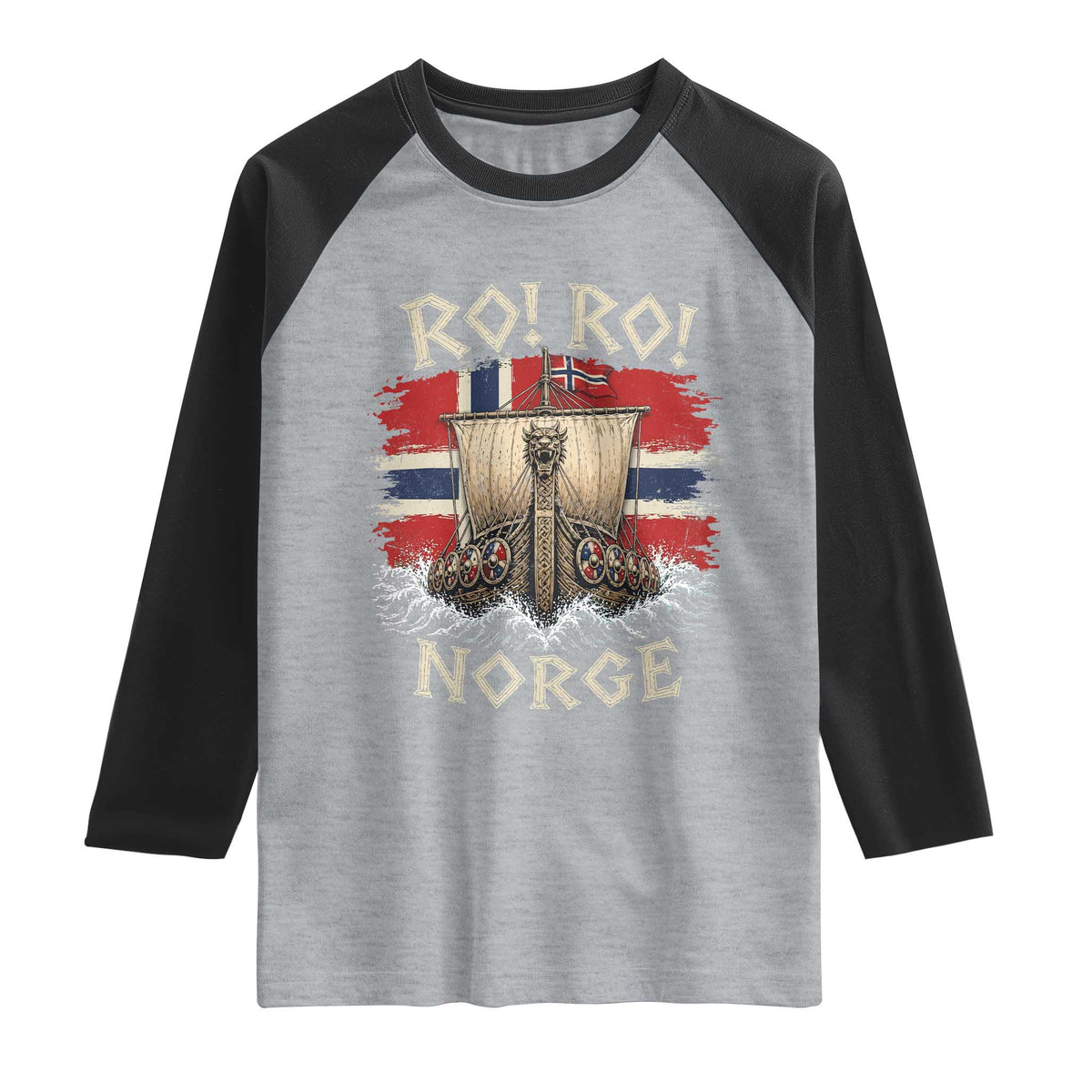 Retro Norge Viking Longship Ro Ro Raglan Shirt Patriotic Norge Norwegian Flag Funny Rowing Support TS02 Heather Gray Black Print Your Wear