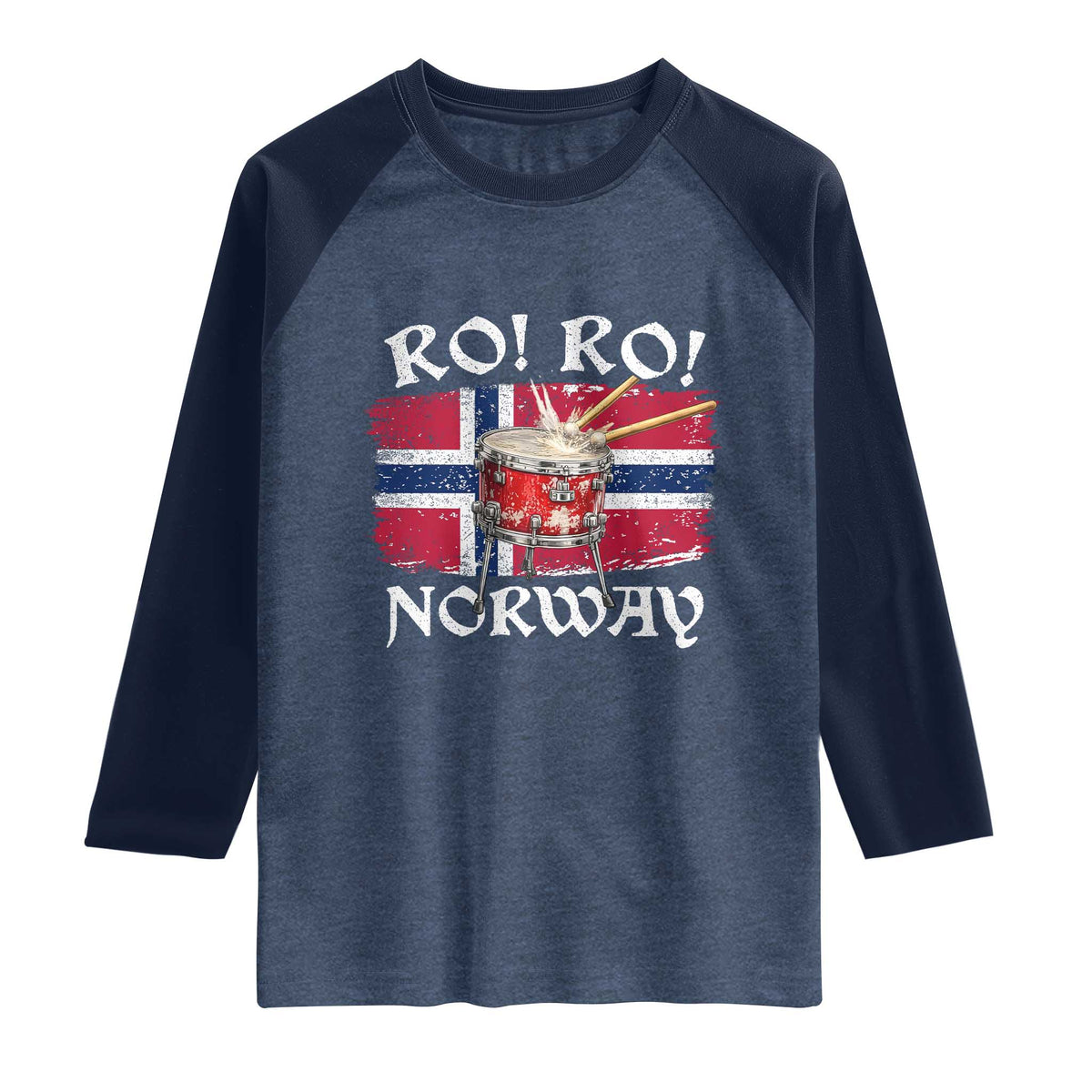 Funny Norway Drummer Ro Ro Raglan Shirt Patriotic Norge Norwegian Flag Rowing Support TS02 Heather Denim Navy Print Your Wear