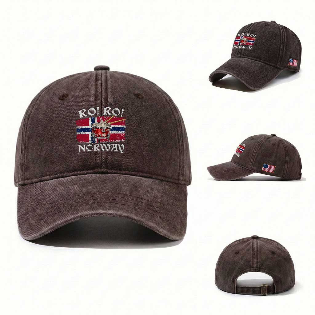 Funny Norway Drummer Ro Ro Washed Cotton Baseball Cap Patriotic Norge Norwegian Flag Rowing Support TS02 Washed Cap Universal Fit Dark Brown Print Your Wear